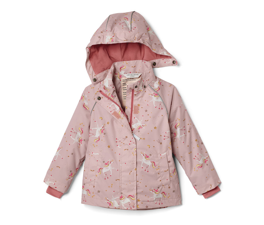 Rosa Kinder-Thermo-Regenjacke mit Einhorn- und Sternenmuster.