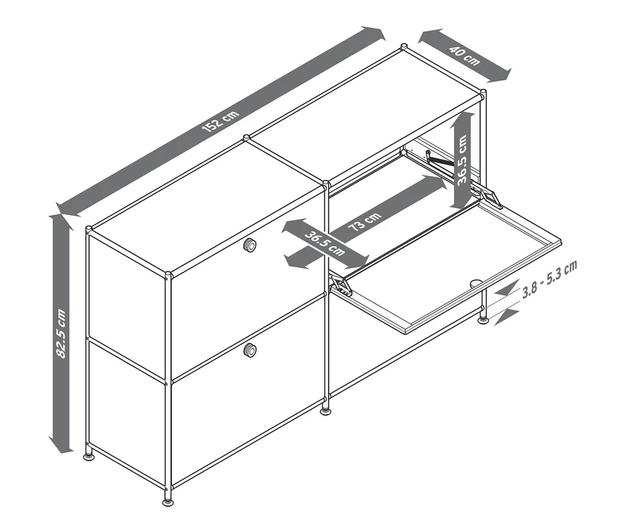 Skizze eines Sideboards Metall »CN3« mit 4 Klappenfächern und Maßangaben.