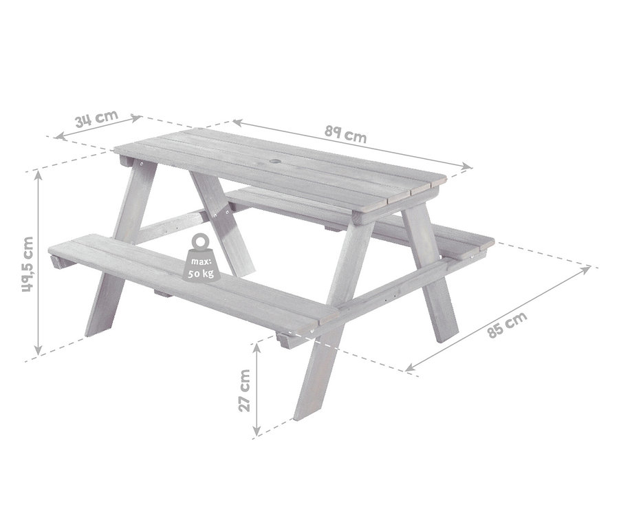 Graue roba Kinder-Outdoor-Sitzgruppe »Picknick for 4« mit Maßangaben.