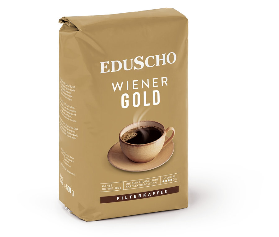Eine Packung Eduscho Wiener Gold Kaffee mit einer Tasse Kaffee darauf.