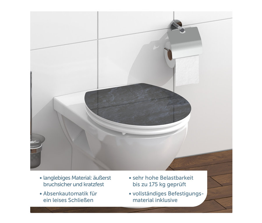 WC-Becken mit Schütte MDF High-Gloss WC-Sitz mit Absenkautomatik »Black Stone« und Toilettenpapierhalter.