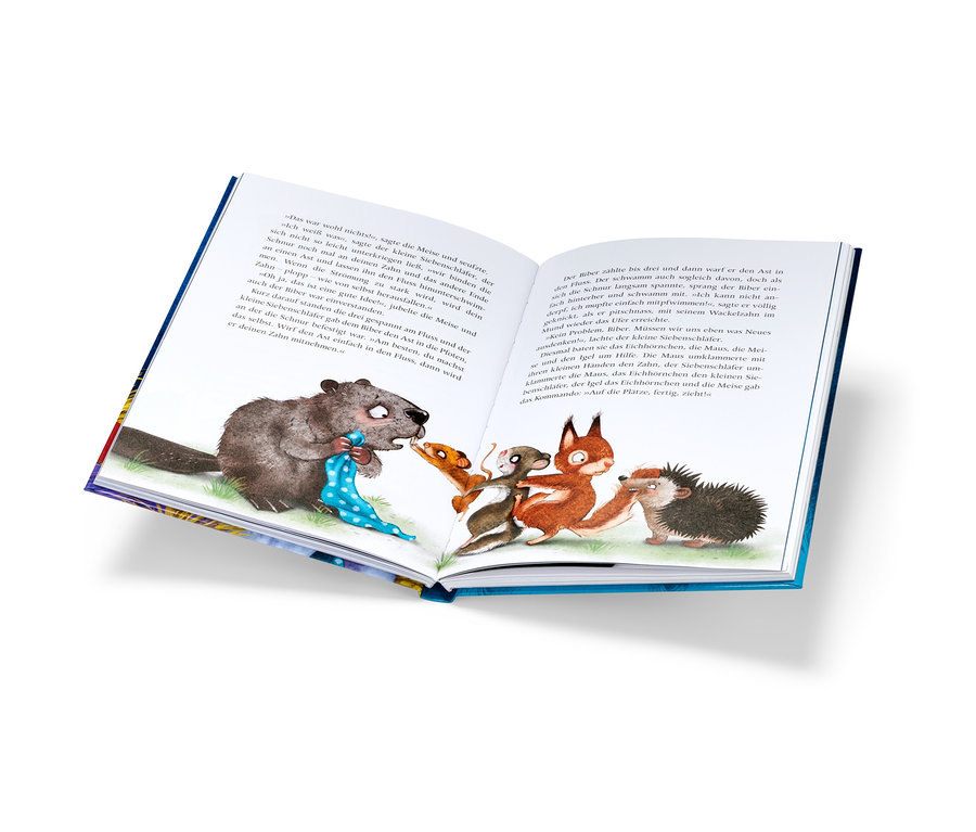 Offenes Buch mit Illustration eines Bibers und Tieren.