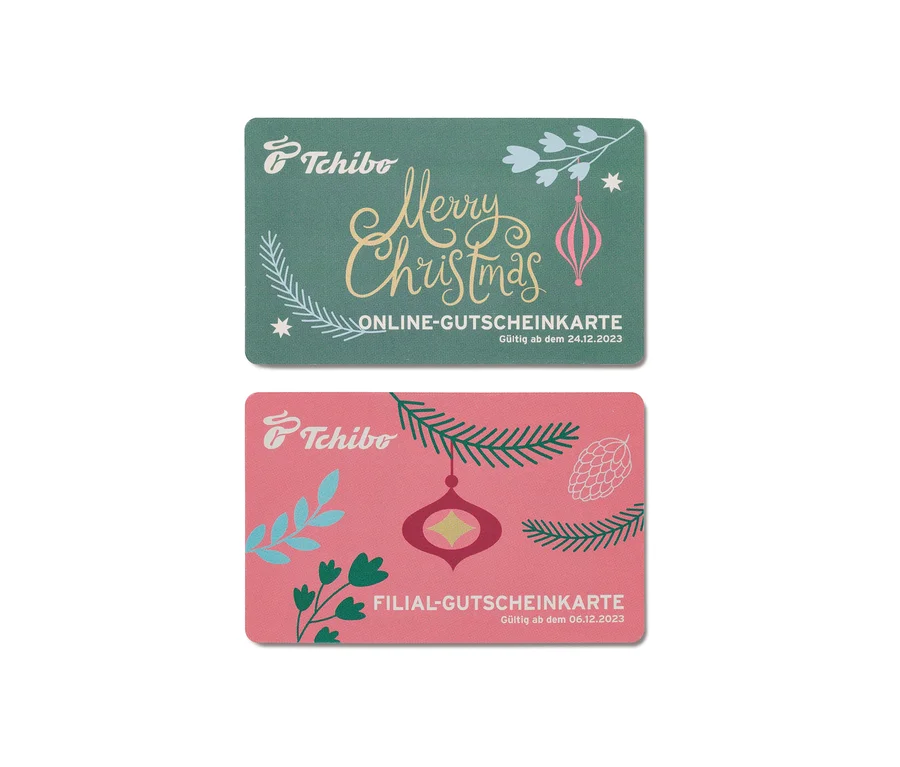 Zwei Tchibo-Adventskalender-Gutscheine mit Weihnachtsmotiven.
