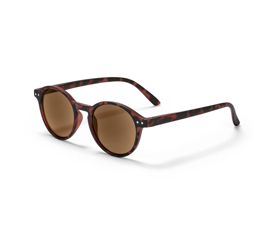 Getönte Lesebrille mit braunen Gläsern und Schildpattmuster-Gestell.