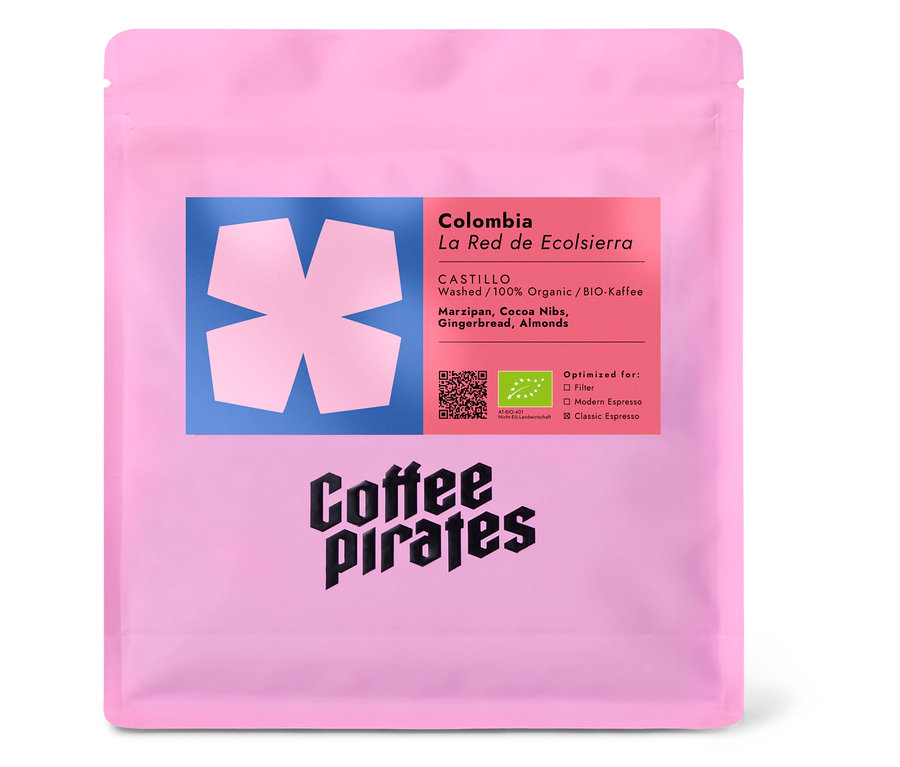 Eine Packung Coffee Pirates – Colombia La Red de Ecolssierra Bio Espresso - 250 g Ganze Bohne.