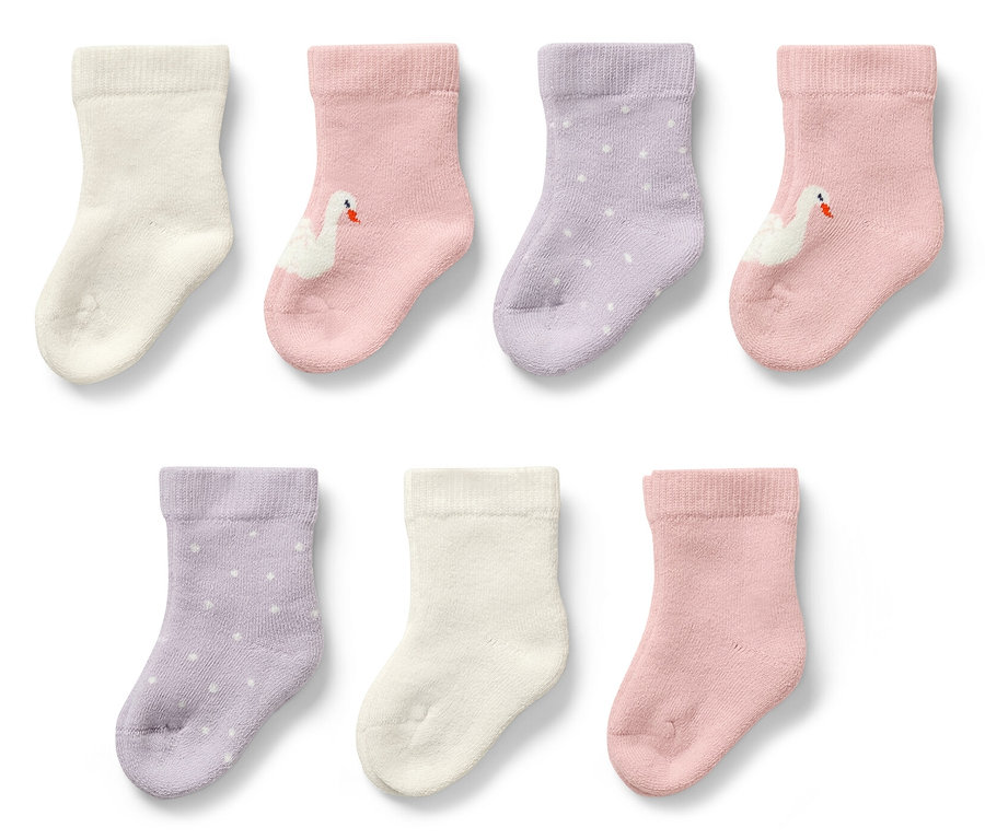 Sieben Paar Baby-Socken, Schwan.