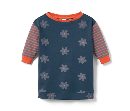Kleinkinder-Longsweater in Dunkelblau mit Blumenmuster und gestreiften Ärmeln.