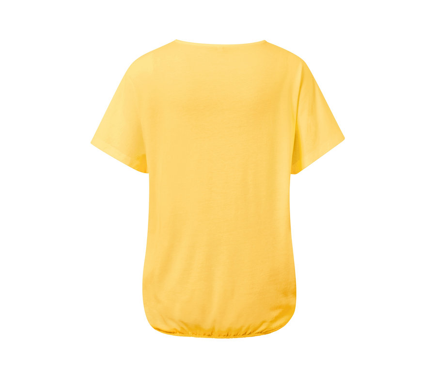 Gelbes Blusenshirt mit kurzen Ärmeln und Stickerei.
