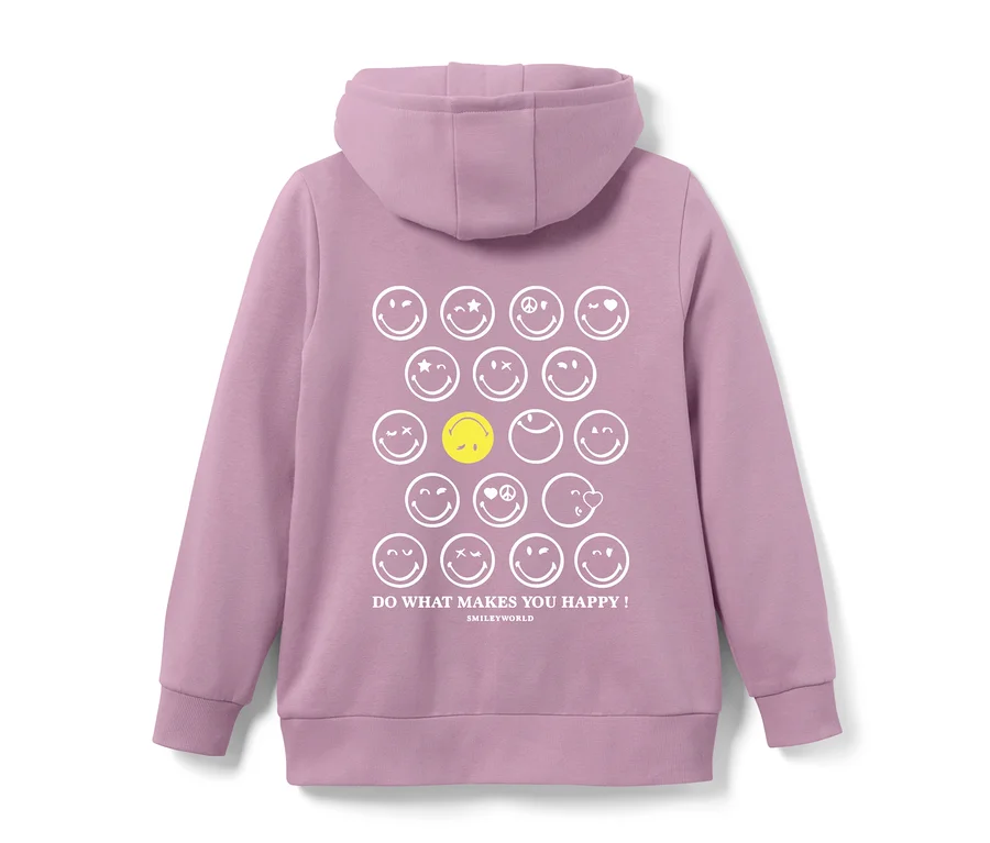 Rückansicht des lila Kinder-Sweat-Hoodie »Smiley« mit Smiley-Muster.