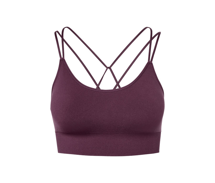 Violettes Seamless-Sport-Bustier mit gekreuzten Trägern.