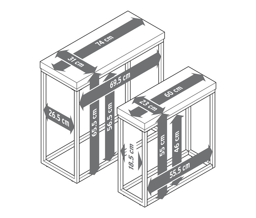 Abmessungen eines Konsolentisch-Set mit Polyzement-Tischplatte als Schema dargestellt.