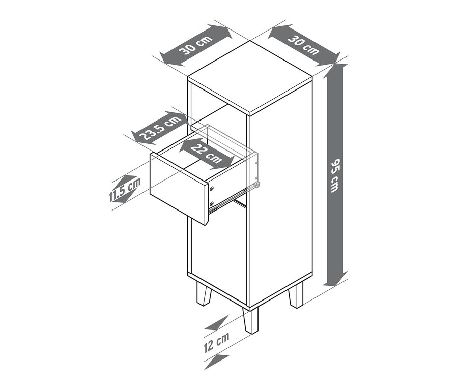 Eine Skizze von einem schmalen Badezimmer-Beistellschrank mit Schublade und Tür und den dazugehörigen Abmessungen.