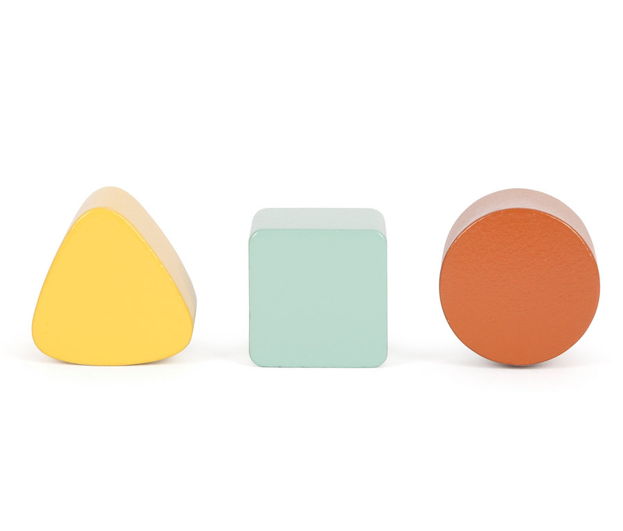 Ein gelbes Dreieck, ein blaues Quadrat und ein orangefarbener Kreis auf weißem Hintergrund.