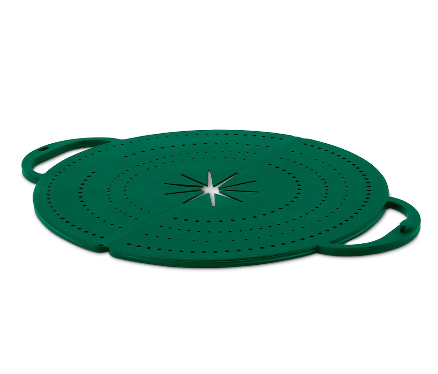 Grüner 4-in-1-Pfannen-Spritzschutz mit runder Form und Löchern.
