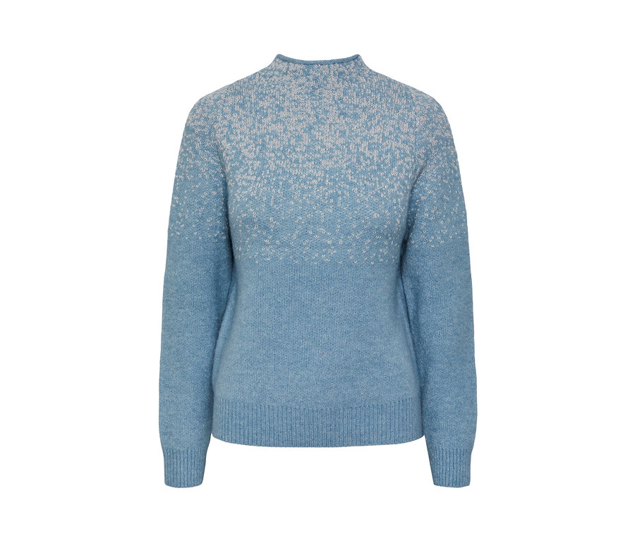 Blauer Pullover mit Glitzerstrick und weißen Details.