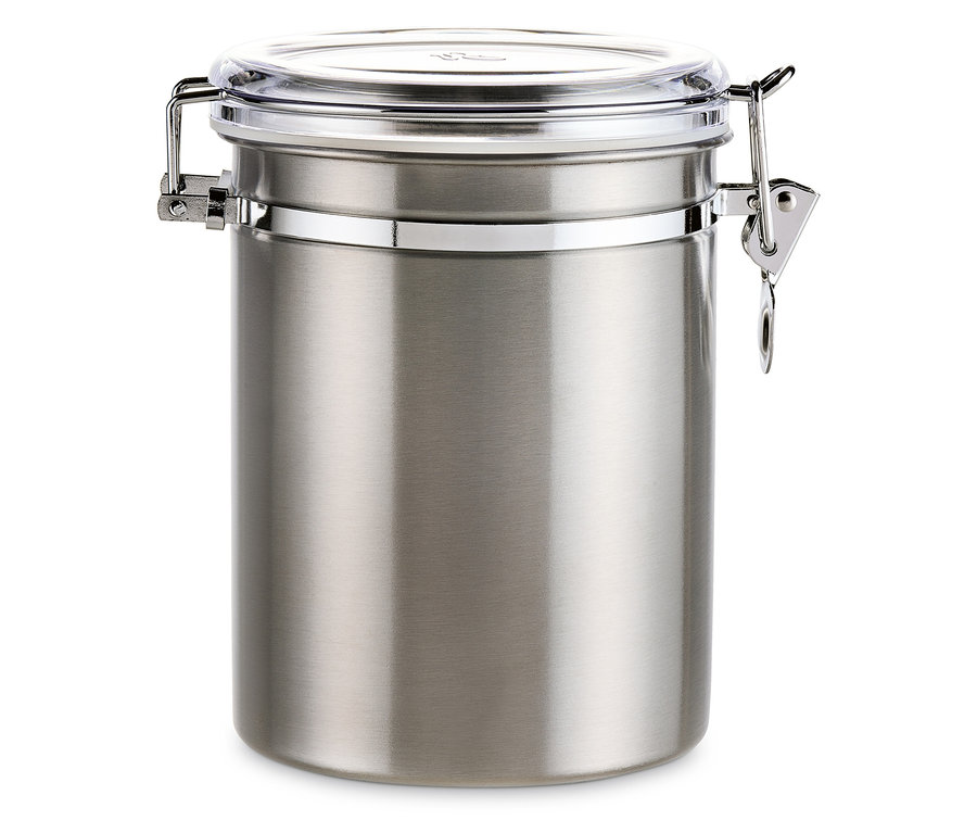 Eine Aromadose aus Edelstahl mit transparentem Deckel.