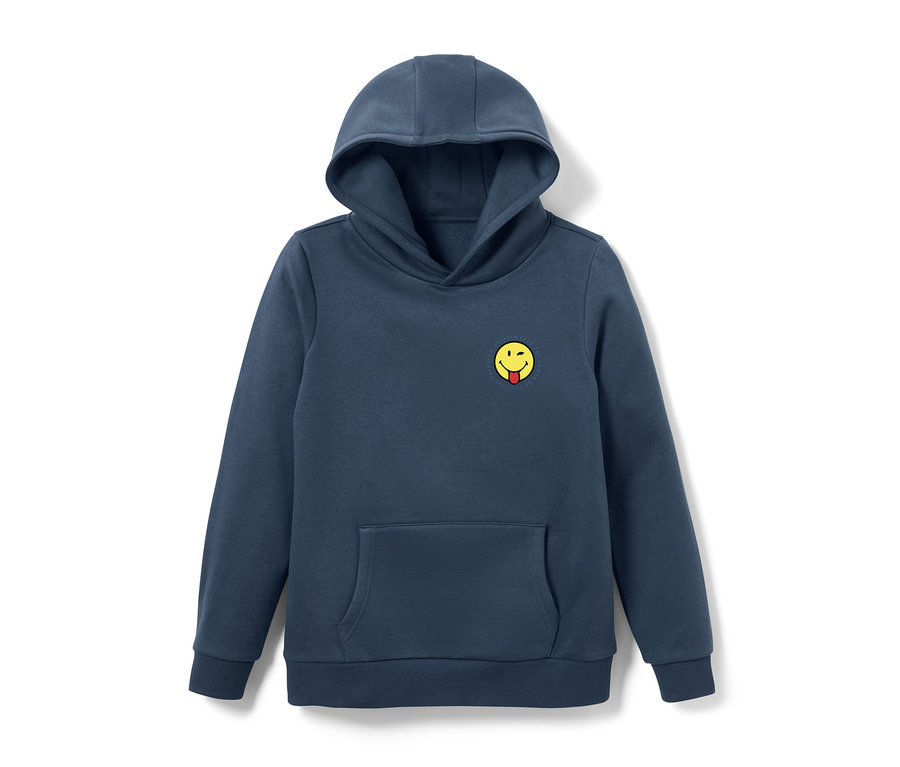 Blauer Kinder-Sweat-Hoodie »Smiley« mit Kängurutasche und gelbem Smiley-Aufdruck.