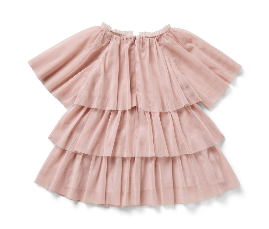 Rosa Kinder-Tüllkleid mit kurzen Ärmeln und dreilagigem Rock.