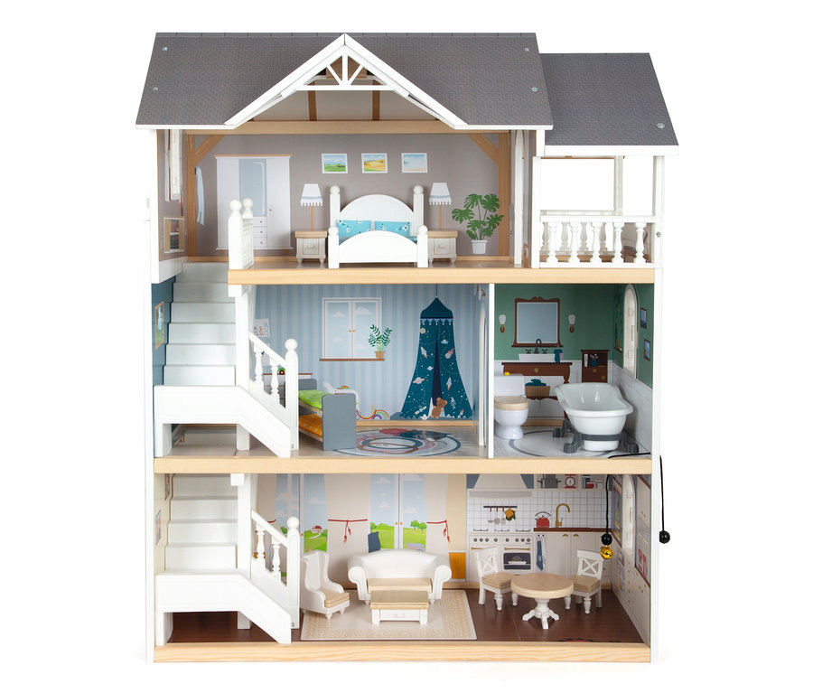 Detailaufnahme eines dreistöckigen small foot Puppenhaus Stadtvilla aus Holz mit Ausstattung.