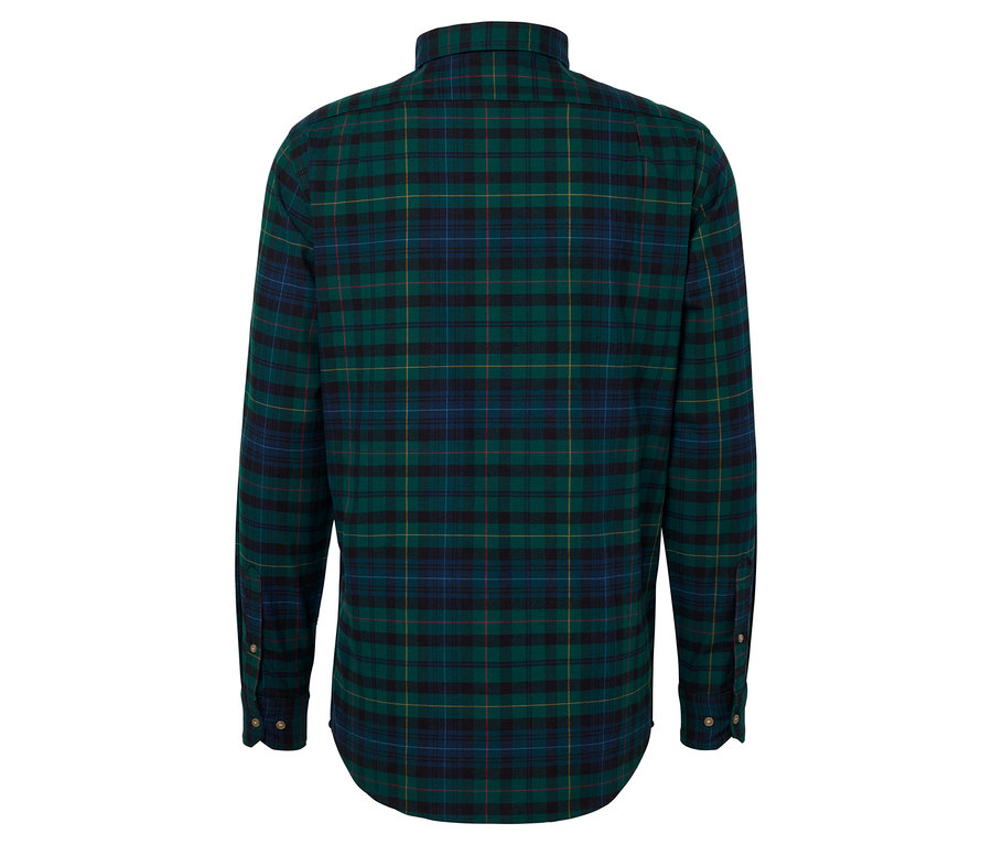 Rückansicht eines grün karierten Langarmhemdes.