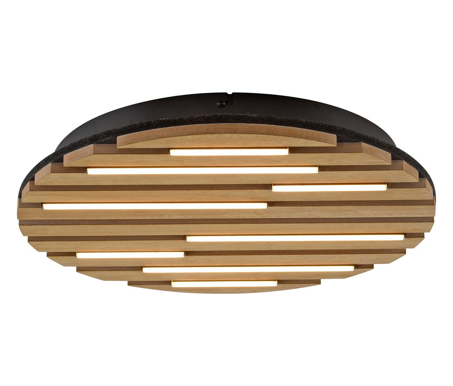 Ovale Deckenleuchte mit schwarzer Basis und Holzlamellen. Zwischen den Lamellen scheint Licht.