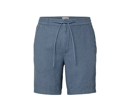 Blaue Leinen-Shorts.