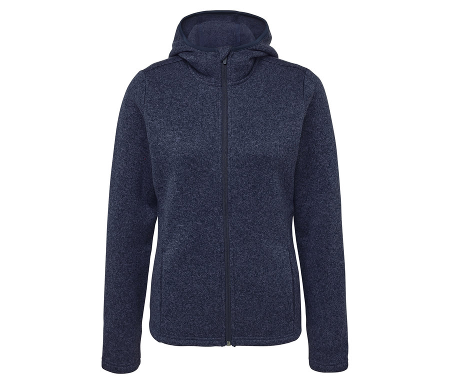 Dunkelblaue Fleecejacke mit Kapuze und Reißverschluss in der Mitte.