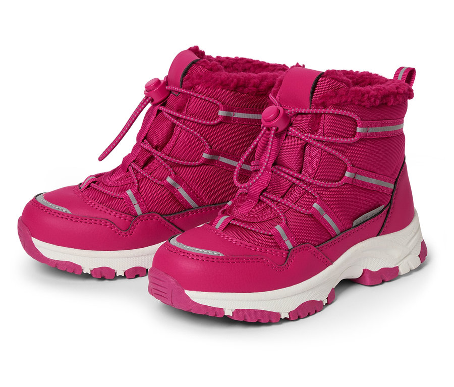 Zwei pinke Winterstiefel mit weißen Sohlen.