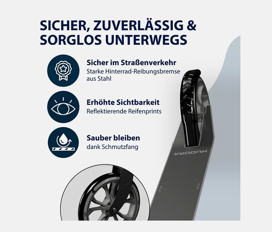 Detailansicht eines grauen HUDORA Scooter »Up 200« mit schwarzen Rädern und Hinterrad-Reibungsbremse aus Stahl.