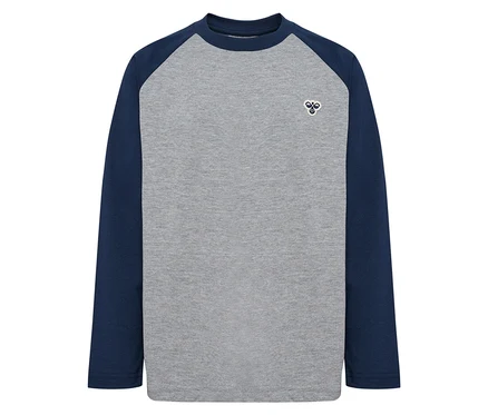 Graues T-Shirt mit blauen Raglanärmeln HUMMEL HMLJR Raglan Loose T-Shirt BEE, blau.