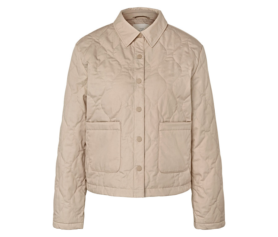 Beige, gesteppte Jacke mit Kragen, Knöpfen und zwei Taschen.