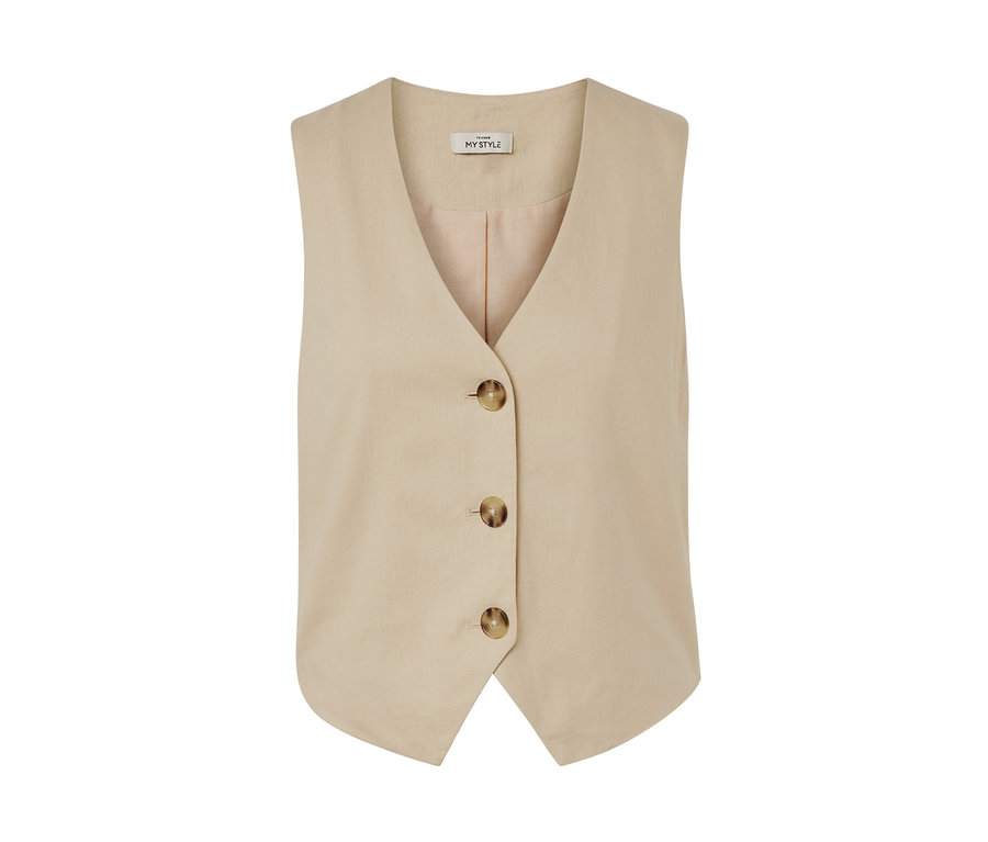 Beige Leinen-Weste mit Knöpfen.