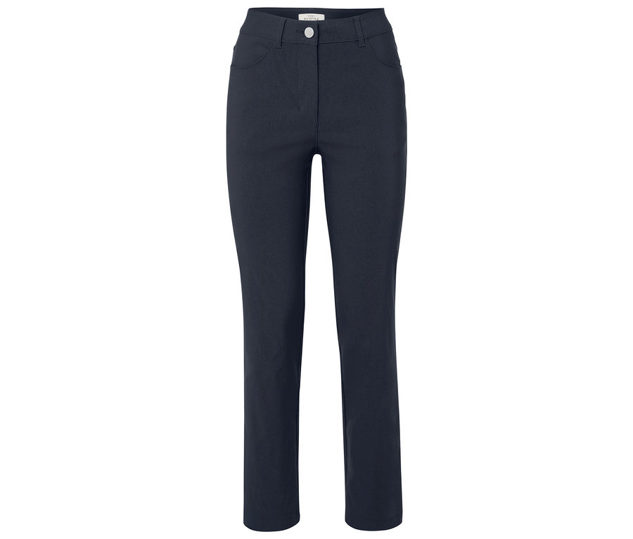 Dunkelblaue Hose mit Knopf.