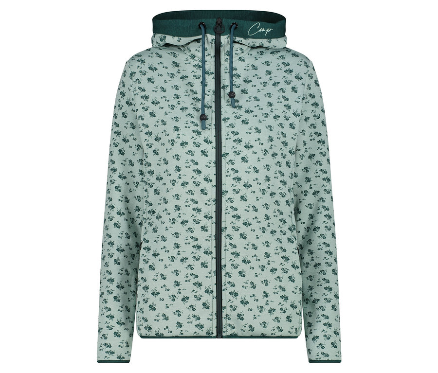 Hellgrüne Kapuzenjacke mit Reißverschluss, bedruckt mit kleinen Blumen.