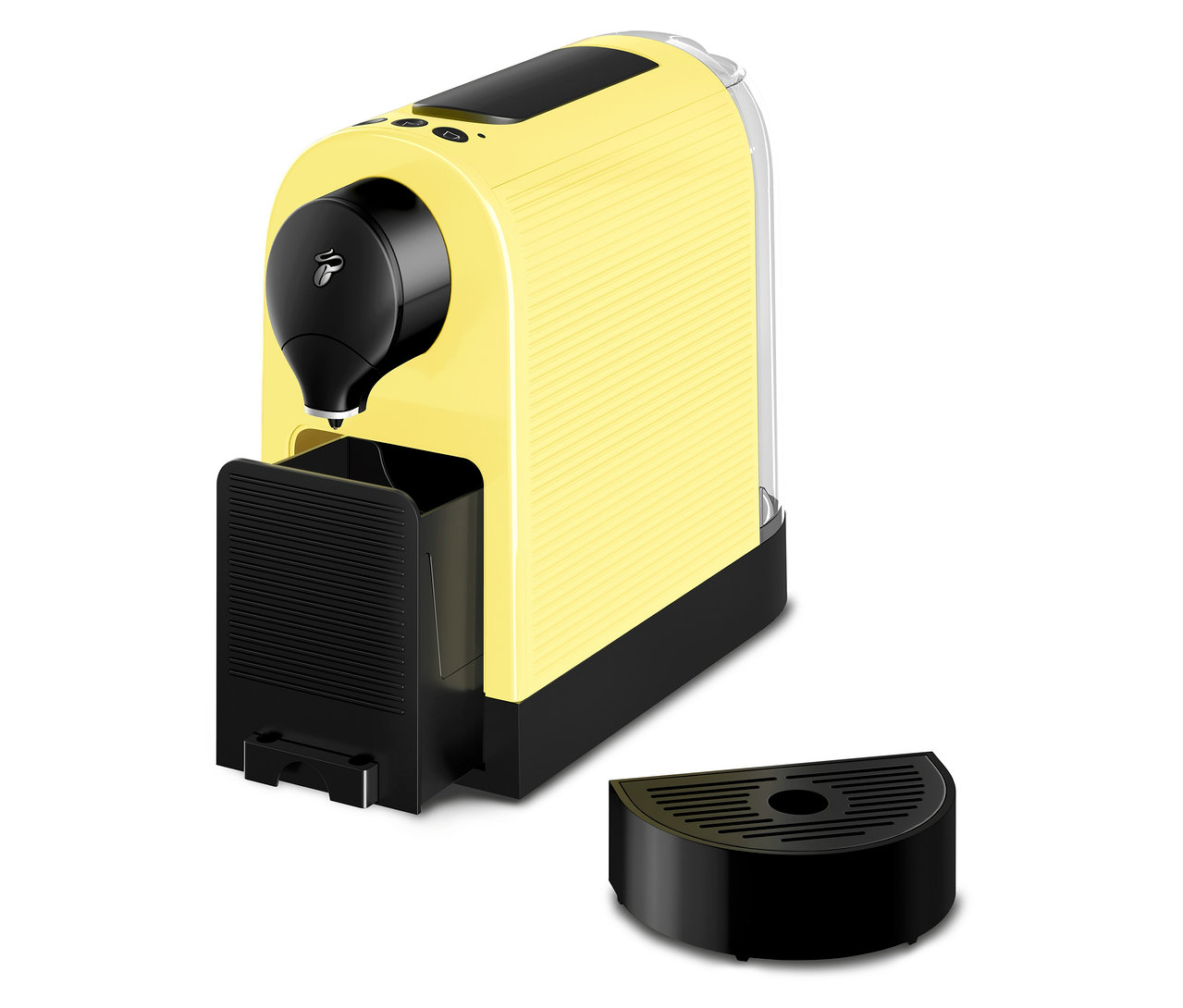 Gelbe Kaffeekapselmaschine mit schwarzem Abtropfbehälter.