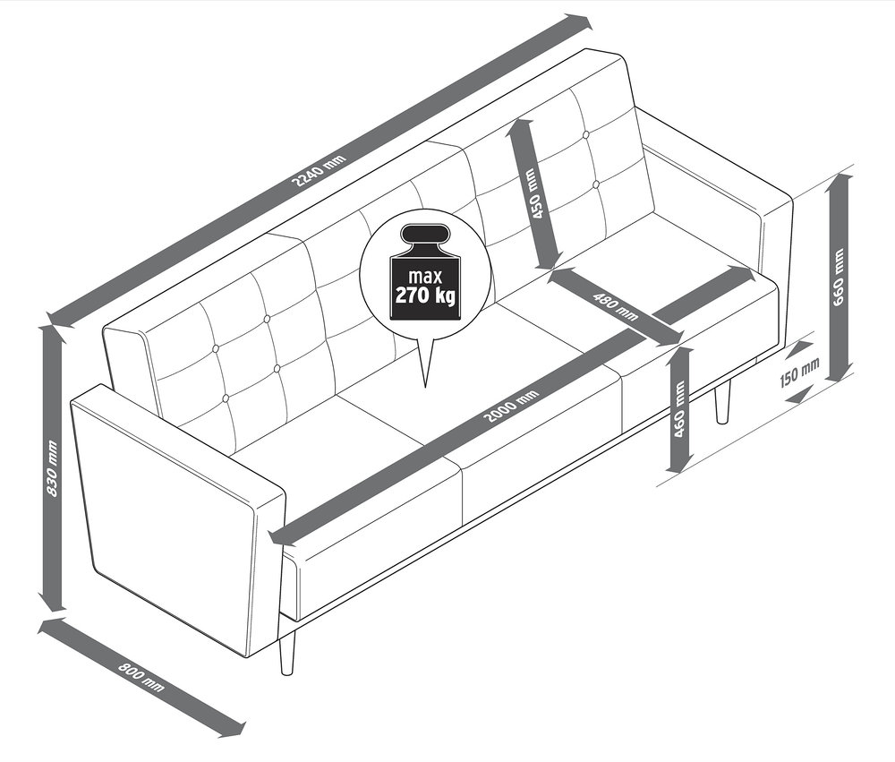 Abmessungen des 3-Sitzer-Schlafsofas »Janny« mit Breiten von 800 mm, 2240 mm und 2000 mm, Höhen von 830 mm, 450 mm, 460 mm und 660 mm, Tiefe von 150 mm. Max. 270 kg.
