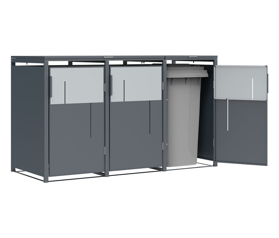 Graue Sortierbox mit drei Fächern, eines offen mit Behälter im Inneren.