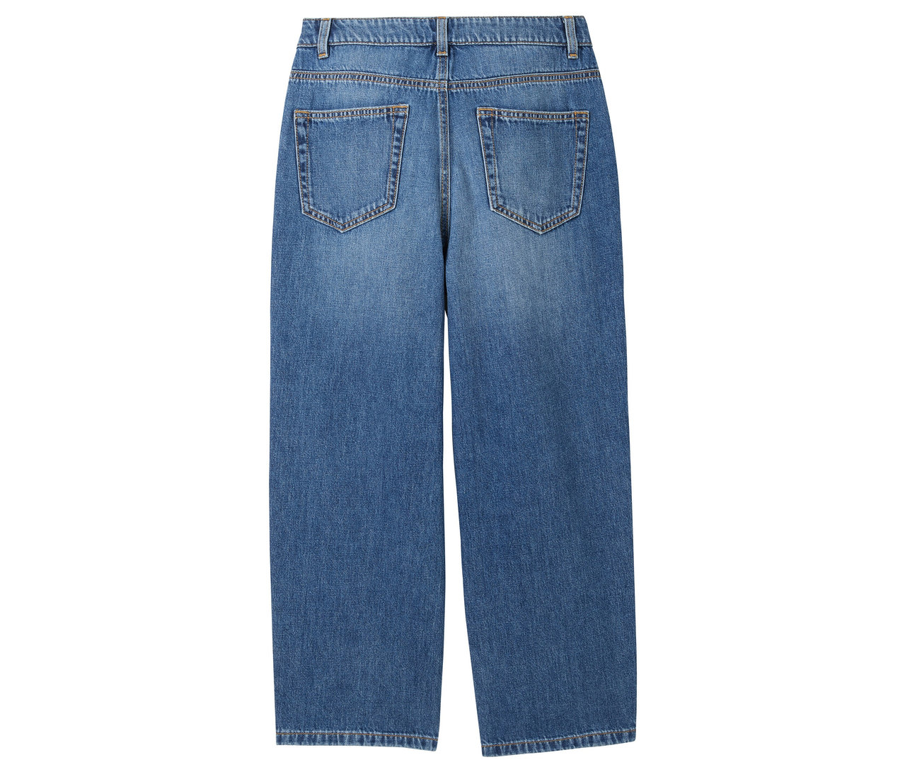 Rückansicht einer blauen Jeans mit weitem Bein und Gesäßtaschen.