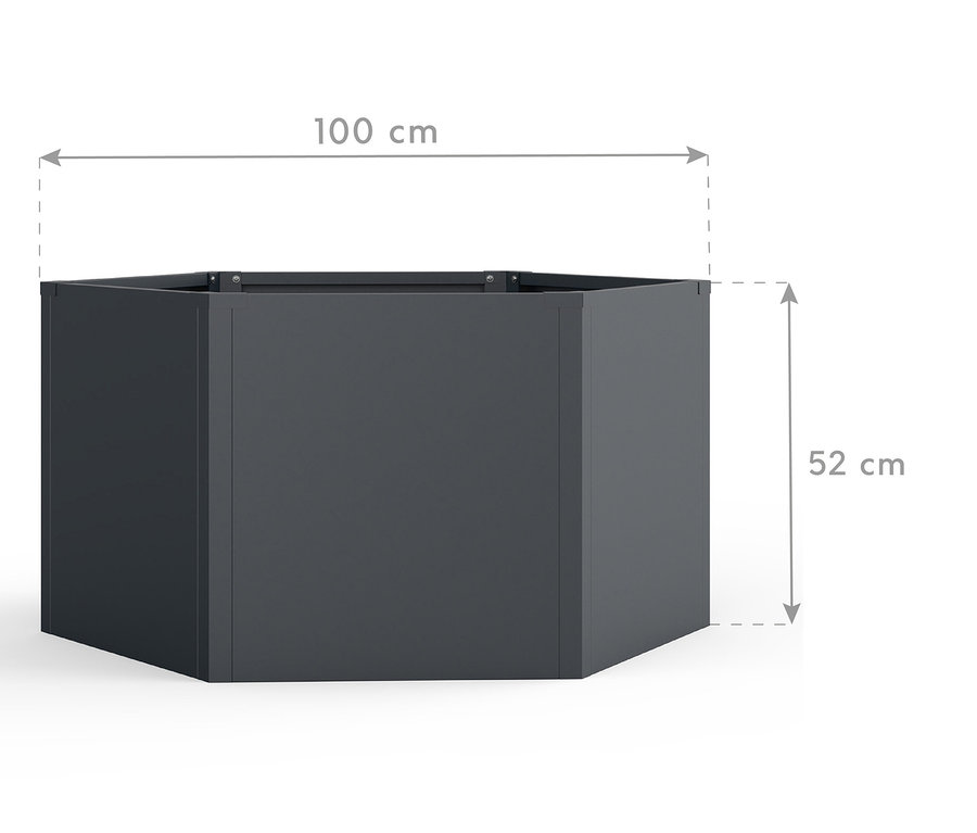 Eine sechseckige, anthrazitfarbene Pflanzkiste mit den Maßen 100 cm Breite und 52 cm Höhe.
