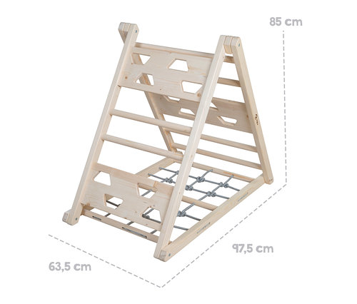 Detailaufnahme eines roba Kletterdreiecks aus Holz mit Maßangaben.