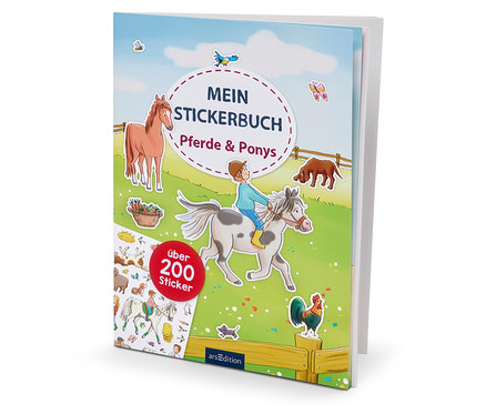 Abbildung eines Stickerbuchs zum Thema Pferde & Ponys. Auf dem Cover ist eine Illustration eines Jungen, der auf einem Pony reitet, eines braunen Pferdes, eines Hundes und anderer Tiere.