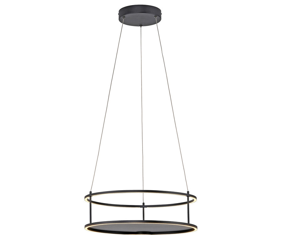 Schwarze kreisförmige Deckenleuchte, die an drei Seilen hängt.