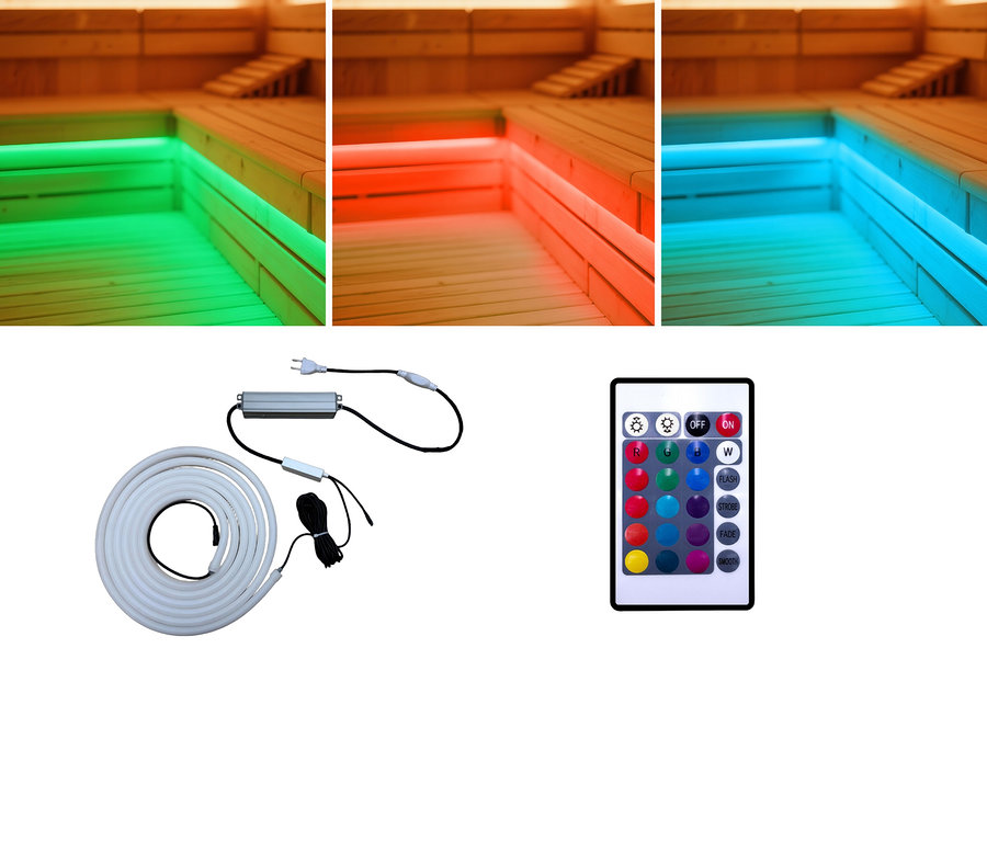 Saunabeleuchtung mit farbwechselndem Lichtband, Fernbedienung und aufgerolltem Band.