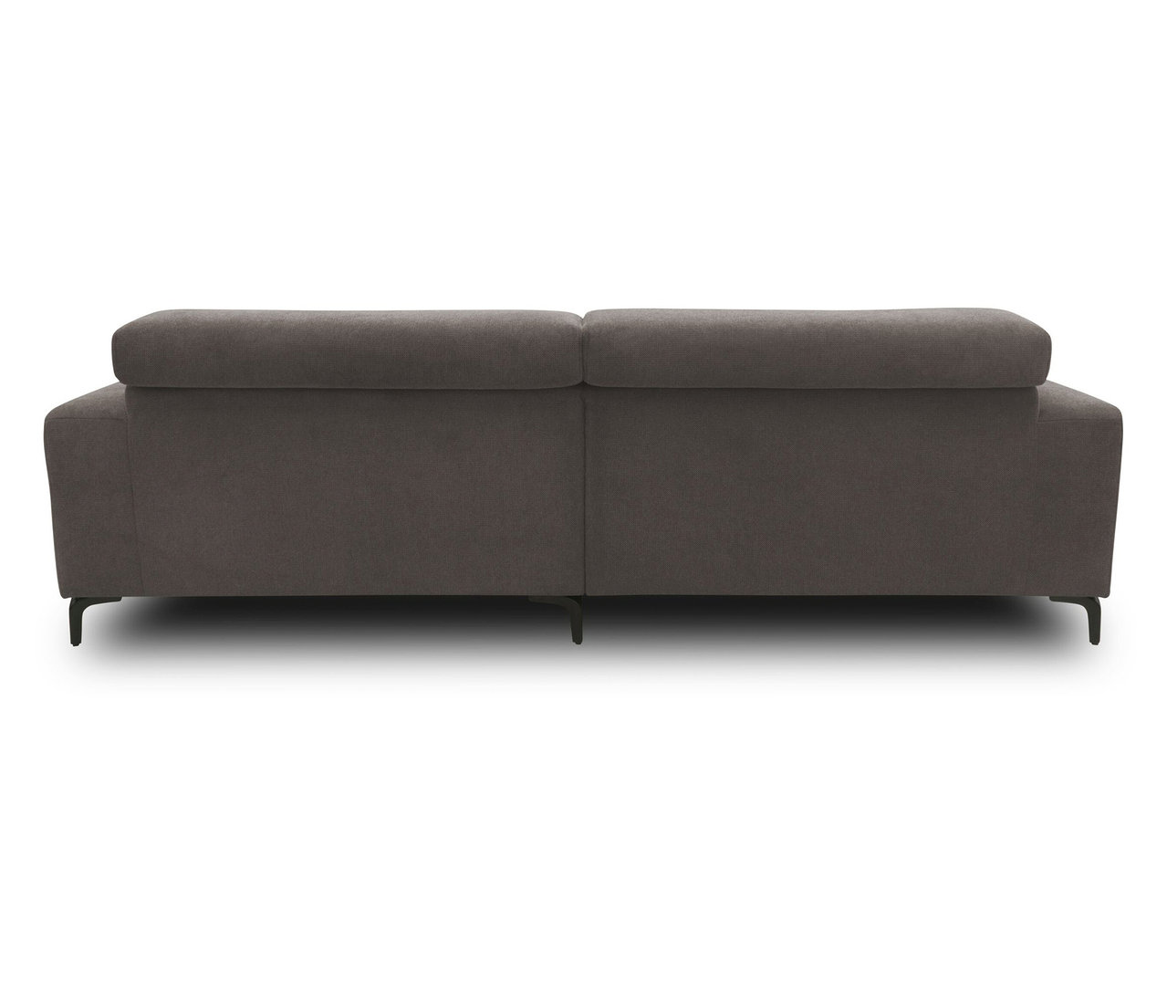 Detailansicht von hinten des grauen DOMO Eck-Schlafsofas mit Hocker, rechtsbündig.