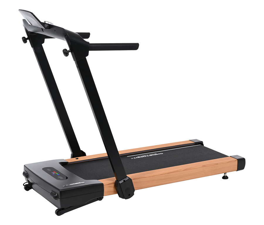 Das Laufband 2 in 1 in Holzoptik steht im Raum.