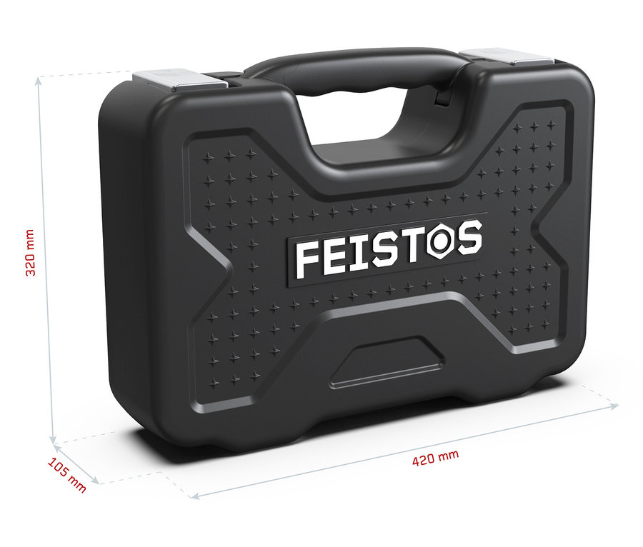 Schwarzer FEISTOS Werkzeugkoffer »Manos 82« mit Größenangaben.