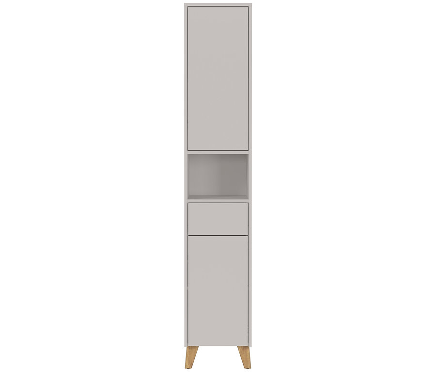Ein schmaler, grauer Badezimmerschrank mit einer Tür, einem offenen Fach, einer Schublade und einem Schrank unten steht auf kleinen Holzfüßen.