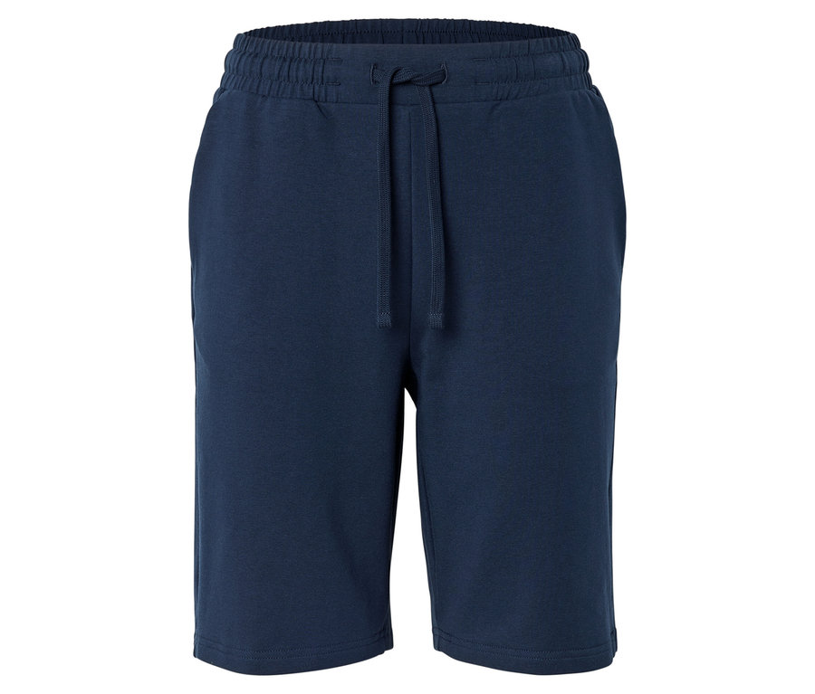 Dunkelblaue Shorts mit Kordelzug auf weißem Hintergrund.