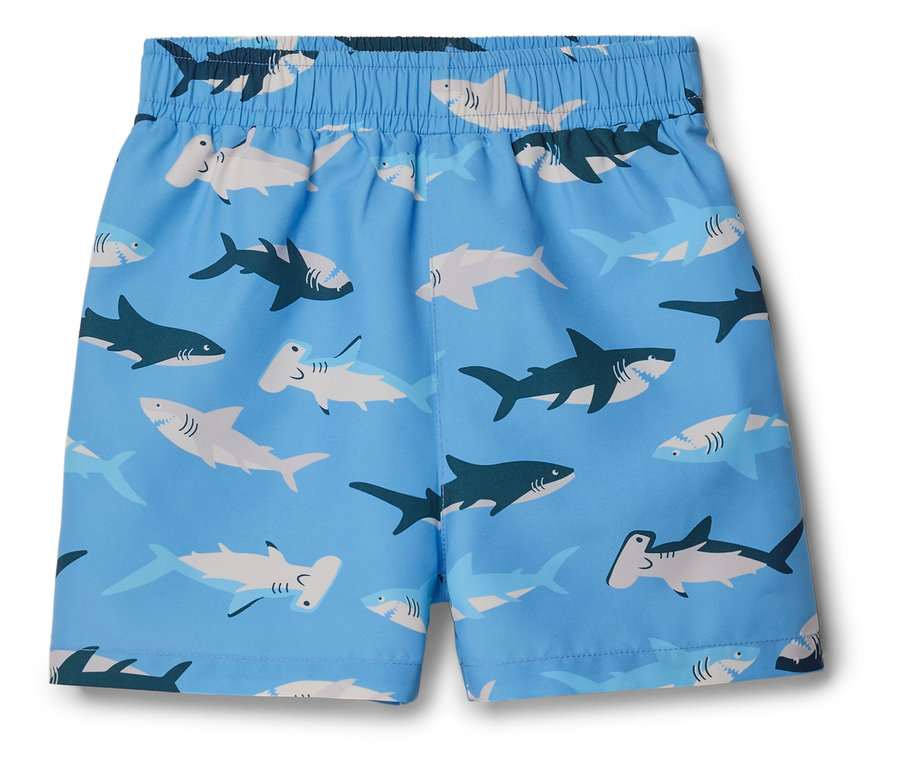 Hellblaue Badehose mit Hai-Muster.