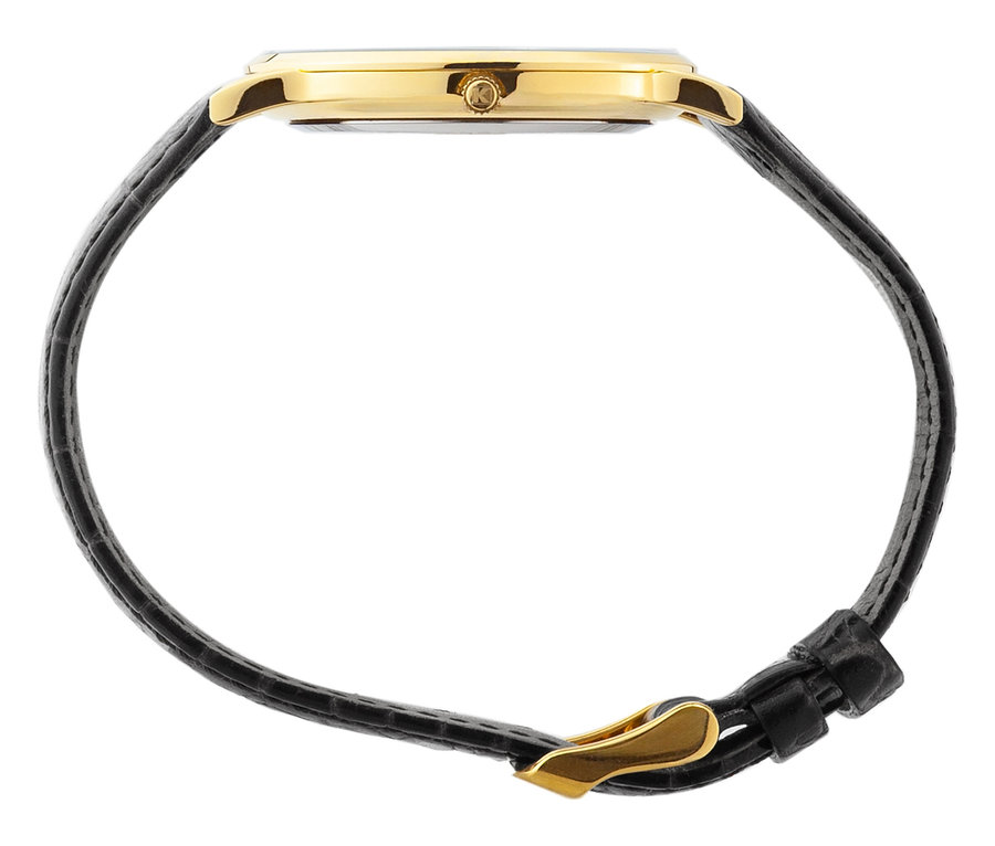 Nahaufnahme der Kienzle Uhr »Meister Klassik« in Goldfarbe mit schwarzem Lederarmband, seitlich aufgenommen.